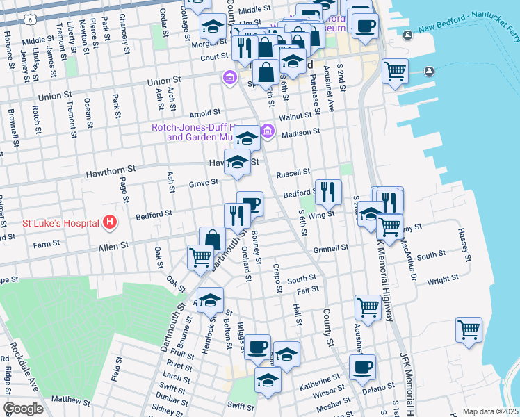 map of restaurants, bars, coffee shops, grocery stores, and more near 83 Bedford Street in New Bedford