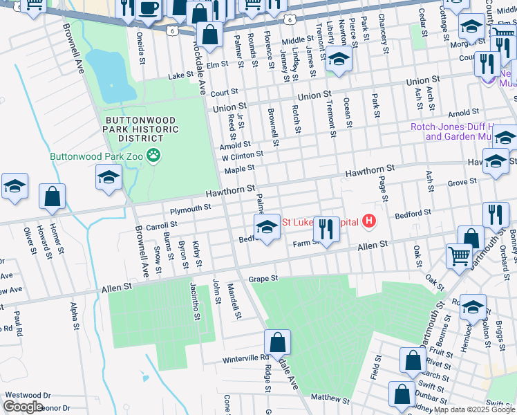 map of restaurants, bars, coffee shops, grocery stores, and more near 69 Plymouth Street in New Bedford