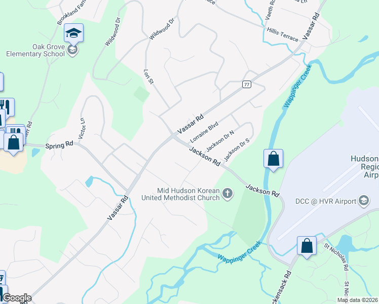 map of restaurants, bars, coffee shops, grocery stores, and more near 6 Lorraine Boulevard in Poughkeepsie