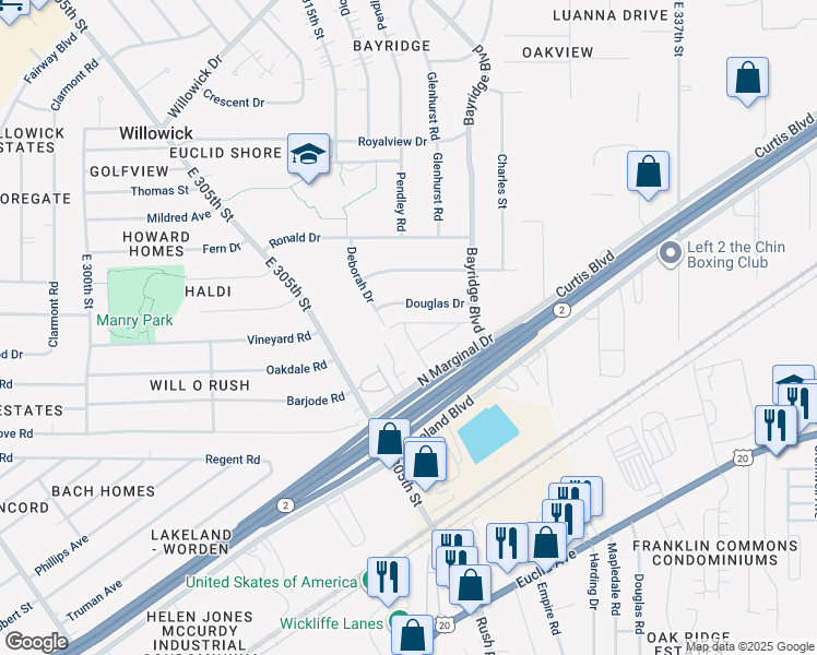 map of restaurants, bars, coffee shops, grocery stores, and more near 31508 Douglas Drive in Willowick