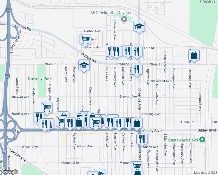 map of restaurants, bars, coffee shops, grocery stores, and more near 323 Yates Avenue in Calumet City