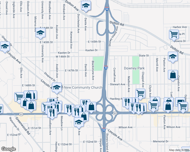 map of restaurants, bars, coffee shops, grocery stores, and more near 14701 Blackstone Avenue in Dolton