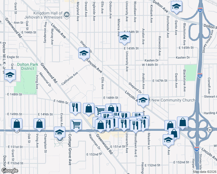 map of restaurants, bars, coffee shops, grocery stores, and more near 14649 Ellis Avenue in Dolton