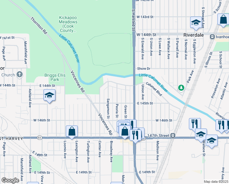 map of restaurants, bars, coffee shops, grocery stores, and more near 226 Calumet Boulevard in Harvey