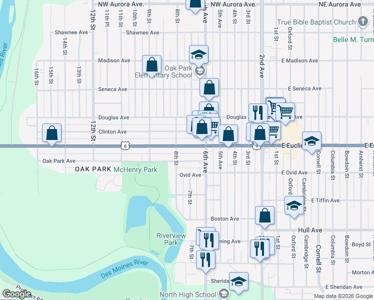 map of restaurants, bars, coffee shops, grocery stores, and more near 721 Euclid Avenue in Des Moines