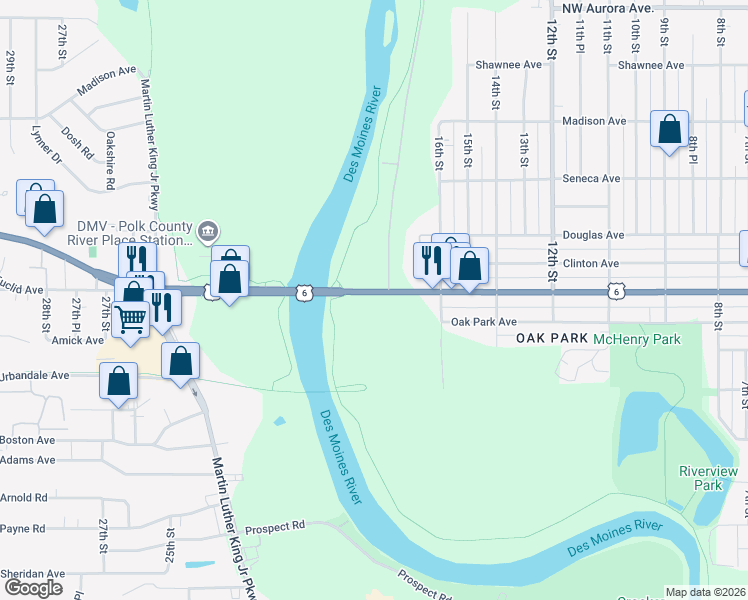 map of restaurants, bars, coffee shops, grocery stores, and more near 1817 Euclid Avenue in Des Moines