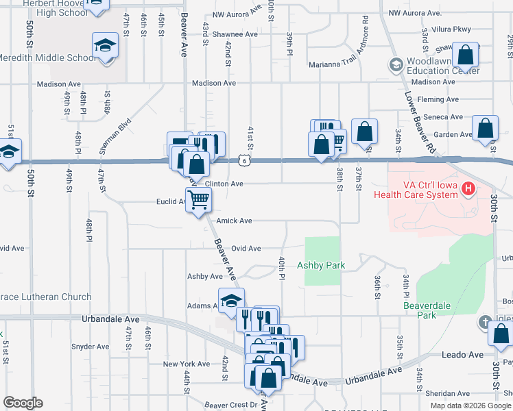 map of restaurants, bars, coffee shops, grocery stores, and more near 4026 Clinton Avenue in Des Moines