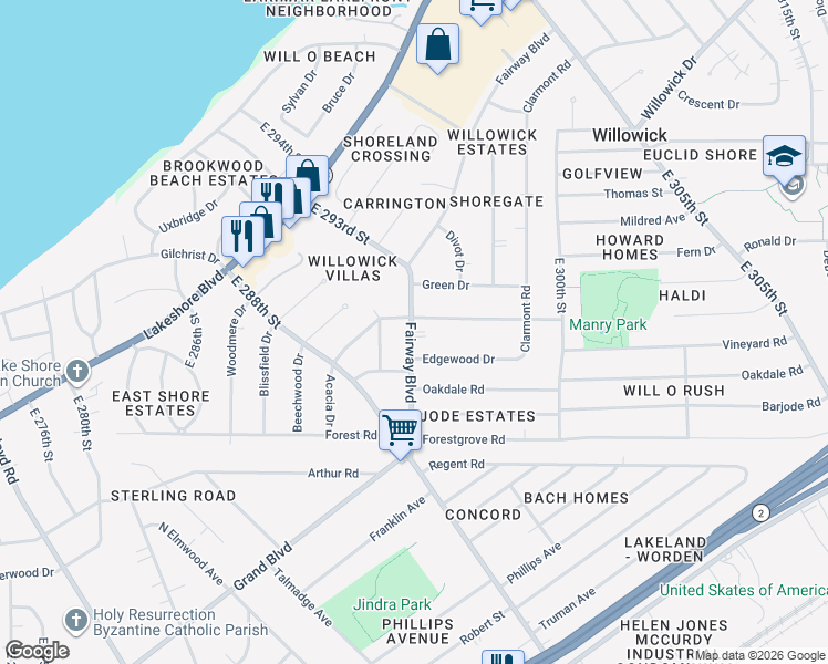 map of restaurants, bars, coffee shops, grocery stores, and more near 393 Fairway Boulevard in Willowick