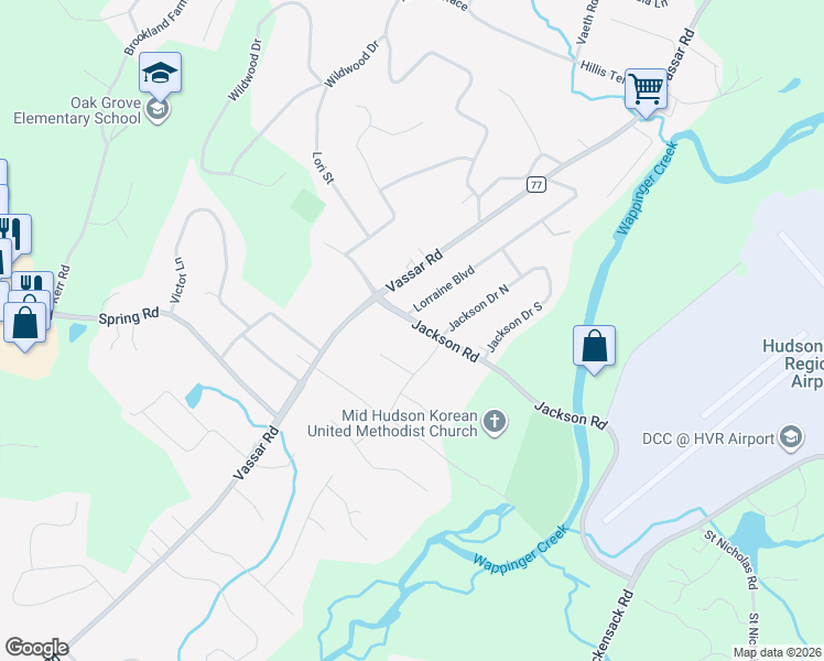 map of restaurants, bars, coffee shops, grocery stores, and more near 6 Lorraine Boulevard in Poughkeepsie