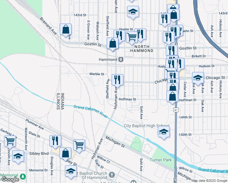 map of restaurants, bars, coffee shops, grocery stores, and more near 4730 Hohman Avenue in Hammond