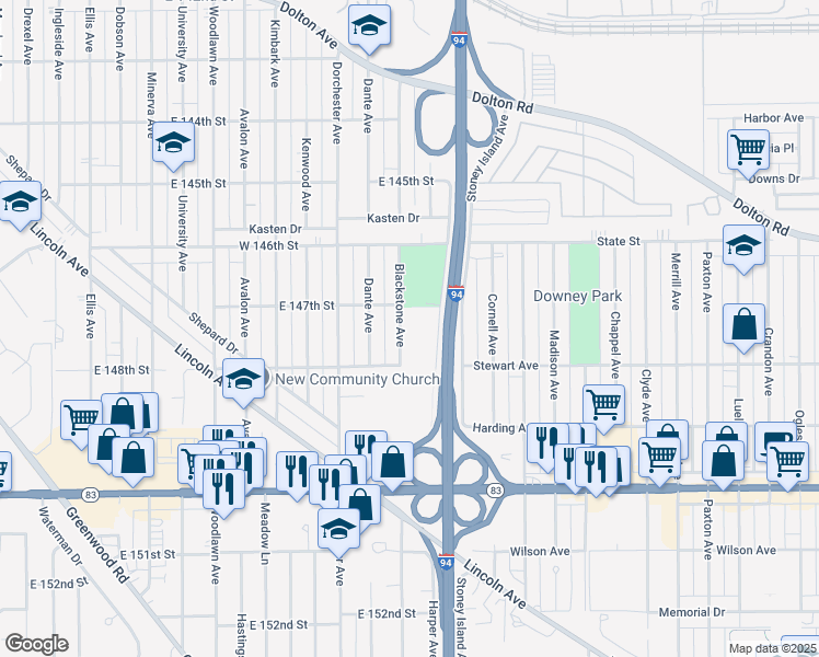 map of restaurants, bars, coffee shops, grocery stores, and more near 14701 Blackstone Avenue in Dolton
