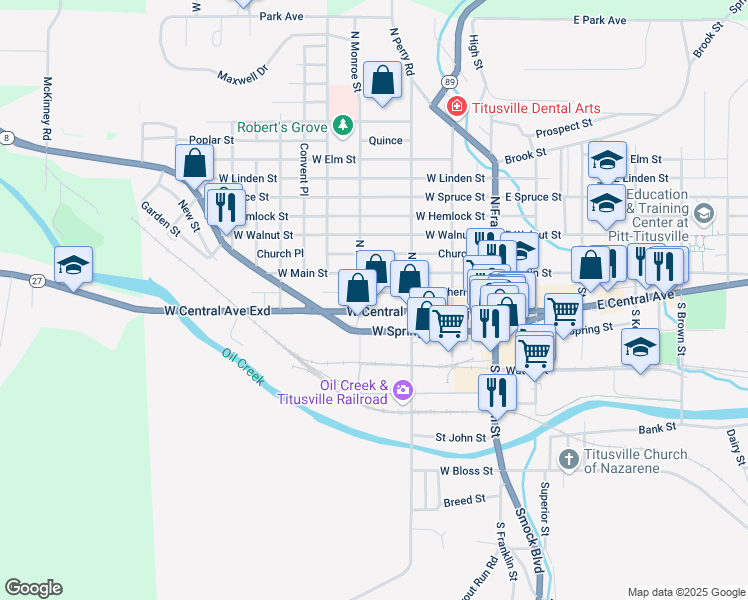 map of restaurants, bars, coffee shops, grocery stores, and more near 48501 West Main Street in Titusville