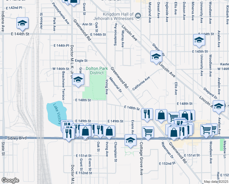 map of restaurants, bars, coffee shops, grocery stores, and more near 14648 Memorial Drive in Dolton