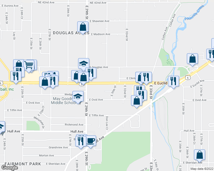 map of restaurants, bars, coffee shops, grocery stores, and more near 2965 East Euclid Avenue in Des Moines