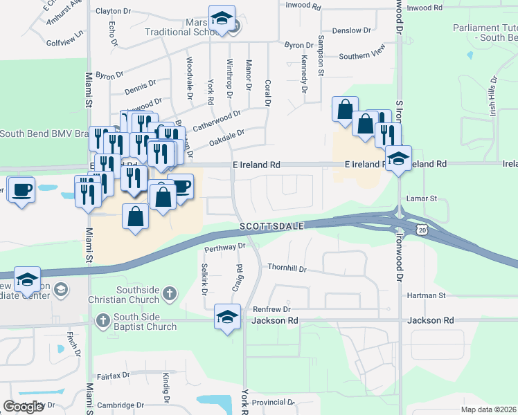 map of restaurants, bars, coffee shops, grocery stores, and more near 4602 Crawford Court in South Bend
