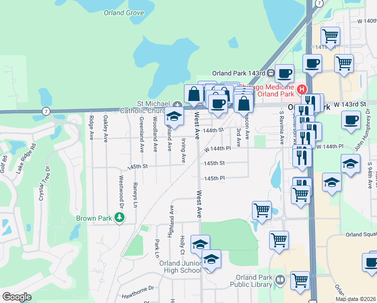 map of restaurants, bars, coffee shops, grocery stores, and more near 14412 West Avenue in Orland Park