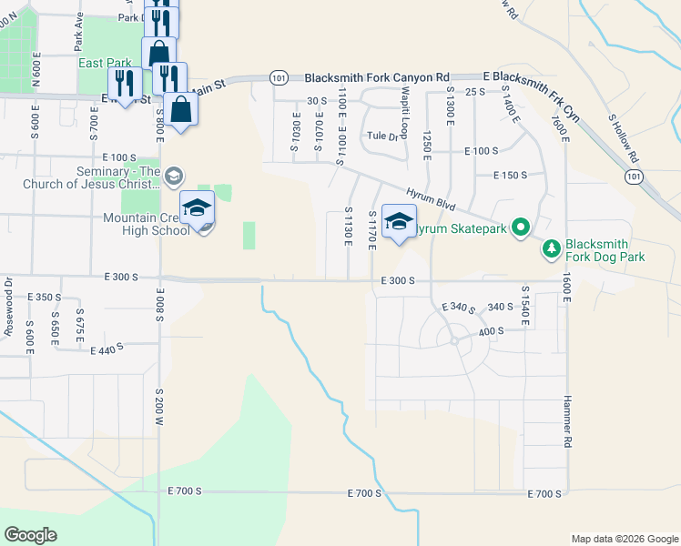map of restaurants, bars, coffee shops, grocery stores, and more near 288 South 1130 East in Hyrum