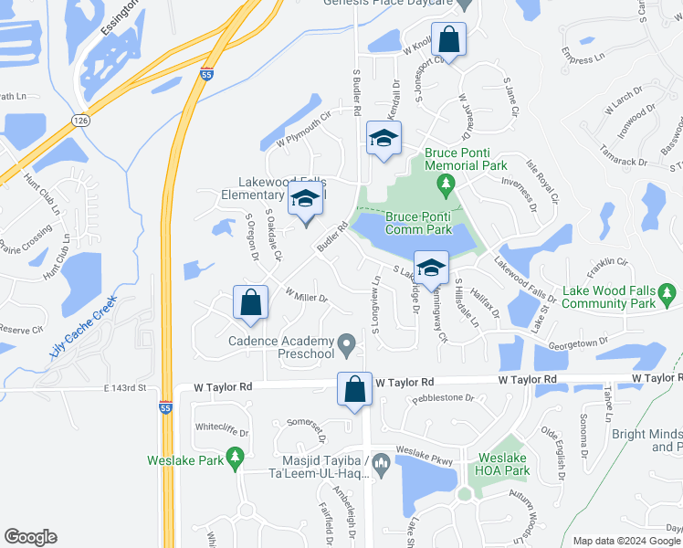 map of restaurants, bars, coffee shops, grocery stores, and more near 22032 West Lakeland Trail in Plainfield