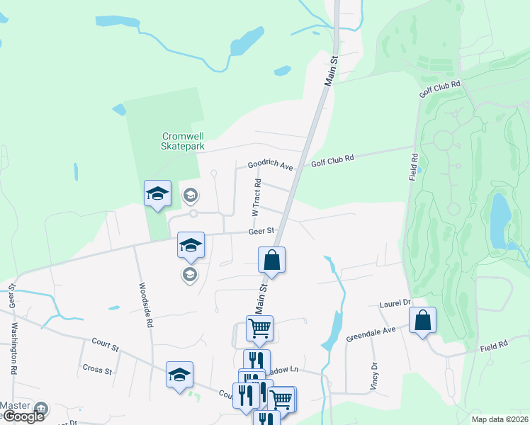 map of restaurants, bars, coffee shops, grocery stores, and more near 2 Jewell Avenue in Cromwell
