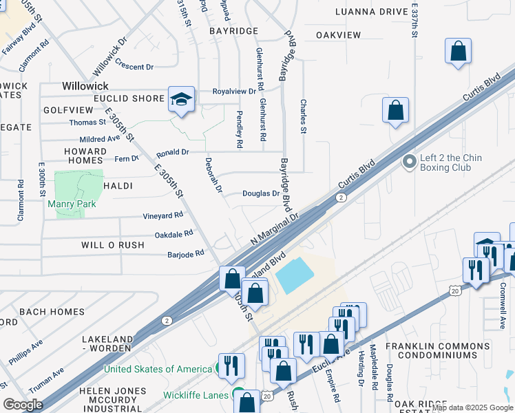 map of restaurants, bars, coffee shops, grocery stores, and more near 31700 Douglas Drive in Willowick