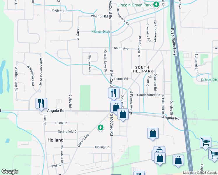 map of restaurants, bars, coffee shops, grocery stores, and more near 717 South McCord Road in Holland