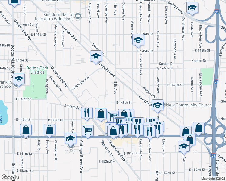 map of restaurants, bars, coffee shops, grocery stores, and more near 14649 Ingleside Avenue in Dolton