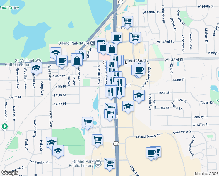 map of restaurants, bars, coffee shops, grocery stores, and more near 14439 Jefferson Avenue in Orland Park