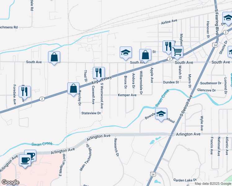 map of restaurants, bars, coffee shops, grocery stores, and more near 626 Colima Drive in Toledo