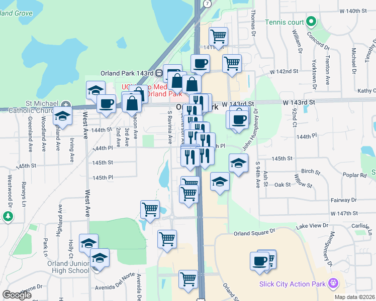 map of restaurants, bars, coffee shops, grocery stores, and more near 14439 Jefferson Avenue in Orland Park