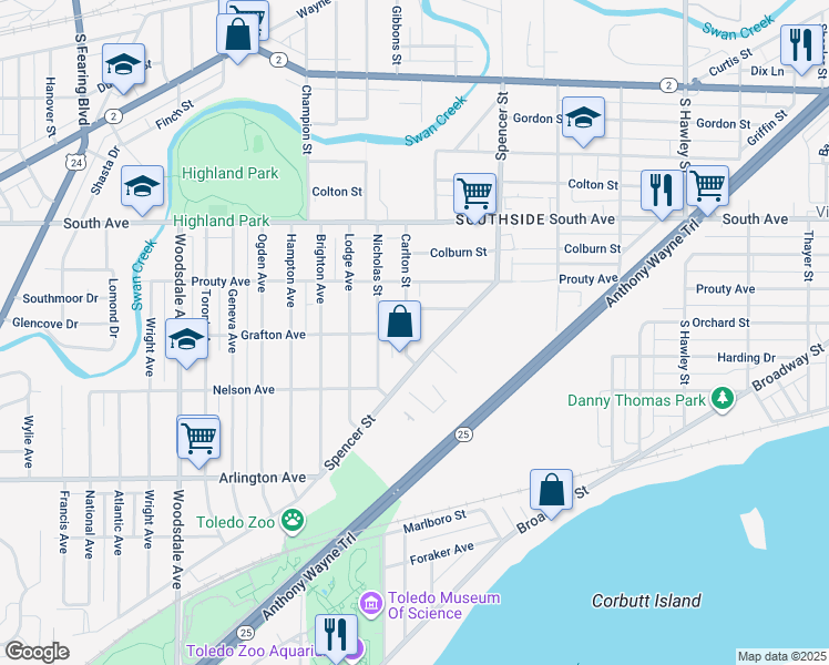 map of restaurants, bars, coffee shops, grocery stores, and more near 649 Carlton Street in Toledo