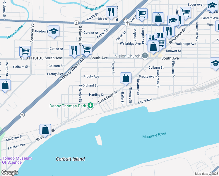 map of restaurants, bars, coffee shops, grocery stores, and more near 924 Orchard Street in Toledo