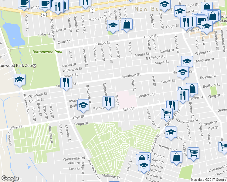 map of restaurants, bars, coffee shops, grocery stores, and more near 61 Taber Street in New Bedford