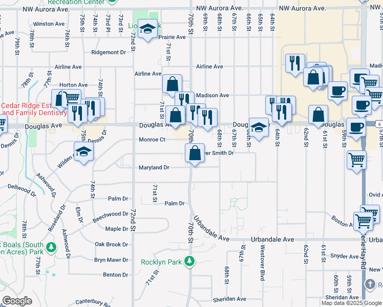 map of restaurants, bars, coffee shops, grocery stores, and more near 3601 70th Street in Urbandale