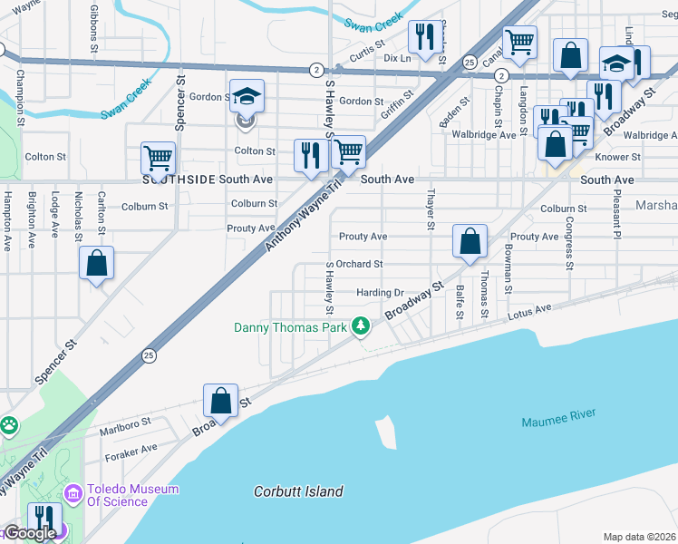 map of restaurants, bars, coffee shops, grocery stores, and more near 1053 Orchard Street in Toledo