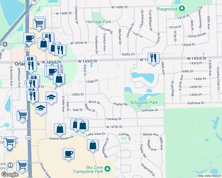 map of restaurants, bars, coffee shops, grocery stores, and more near 14455 Mason Lane in Orland Park