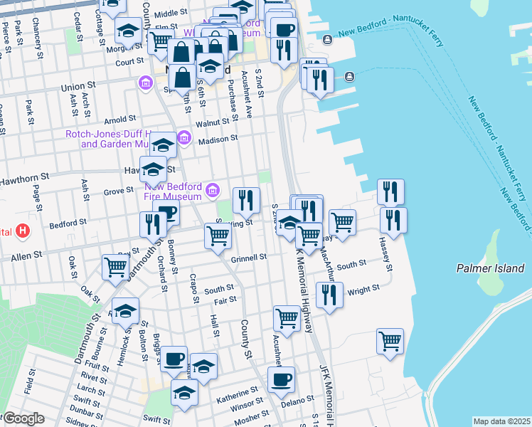 map of restaurants, bars, coffee shops, grocery stores, and more near 6 Griffin Court in New Bedford