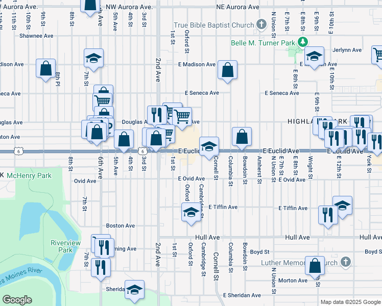 map of restaurants, bars, coffee shops, grocery stores, and more near 150 East Euclid Avenue in Des Moines