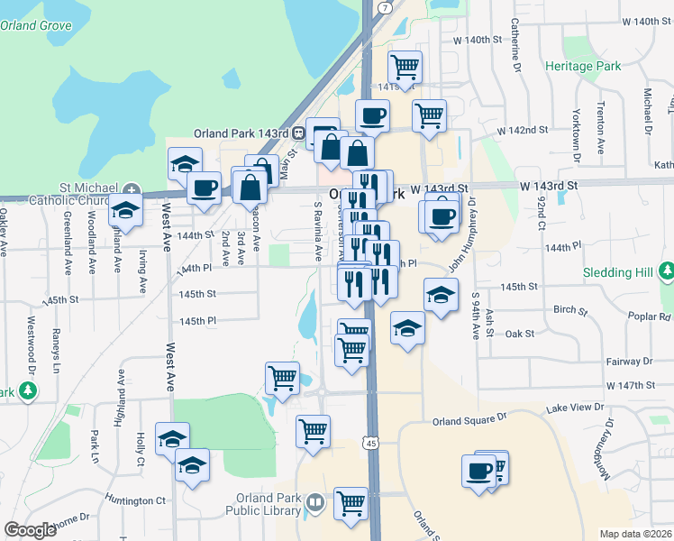 map of restaurants, bars, coffee shops, grocery stores, and more near 14450 Jefferson Avenue in Orland Park