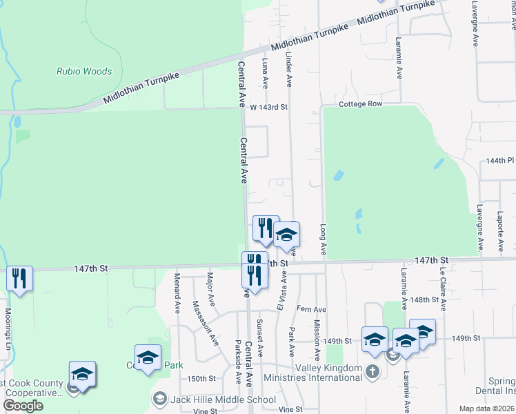 map of restaurants, bars, coffee shops, grocery stores, and more near 14501 Central Court in Oak Forest