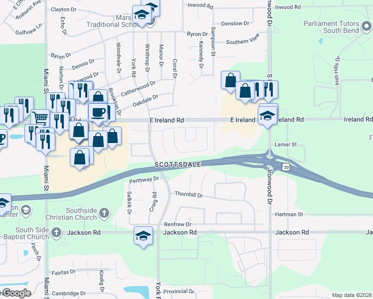 map of restaurants, bars, coffee shops, grocery stores, and more near 4547 Macdougall Court in South Bend