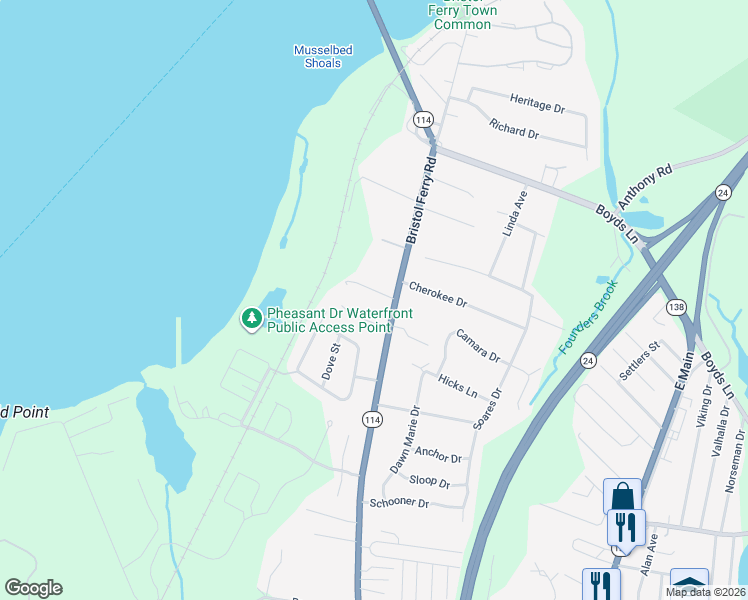 map of restaurants, bars, coffee shops, grocery stores, and more near 25 Miller Road in Portsmouth
