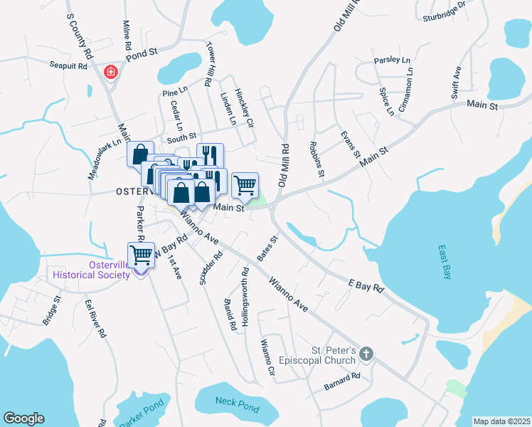 map of restaurants, bars, coffee shops, grocery stores, and more near 9 East Bay Road in Barnstable
