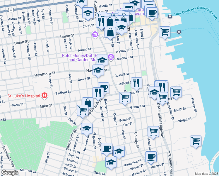 map of restaurants, bars, coffee shops, grocery stores, and more near 83 Bedford Street in New Bedford