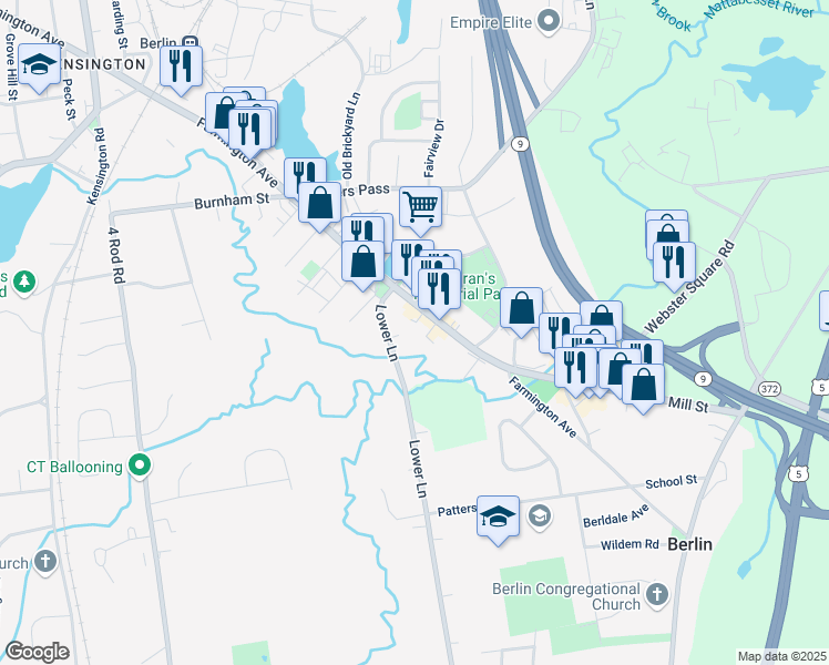 map of restaurants, bars, coffee shops, grocery stores, and more near 1204 Farmington Avenue in Berlin