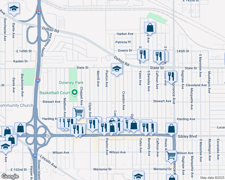 map of restaurants, bars, coffee shops, grocery stores, and more near 321 Paxton Avenue in Calumet City