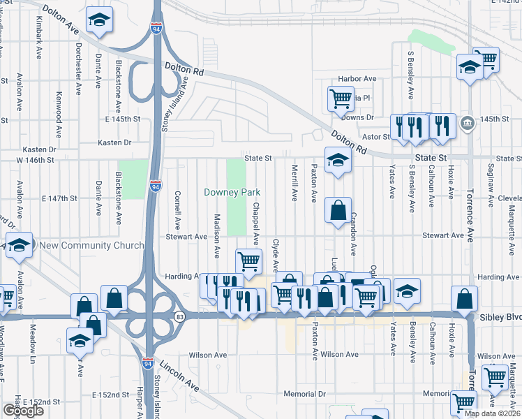 map of restaurants, bars, coffee shops, grocery stores, and more near 326 Clyde Avenue in Calumet City