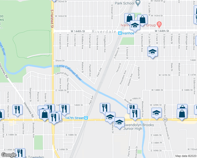 map of restaurants, bars, coffee shops, grocery stores, and more near 14342 Normal Avenue in Harvey