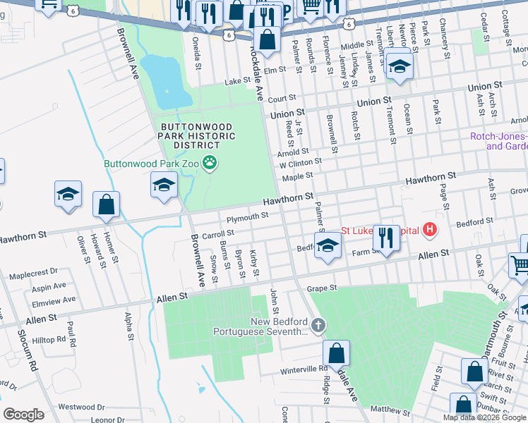 map of restaurants, bars, coffee shops, grocery stores, and more near 133 Plymouth Street in New Bedford