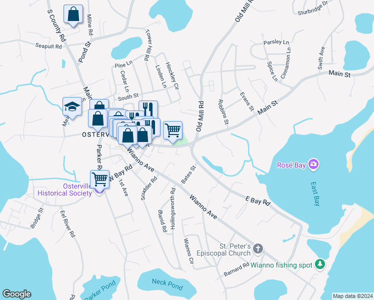 map of restaurants, bars, coffee shops, grocery stores, and more near 9 East Bay Road in Barnstable