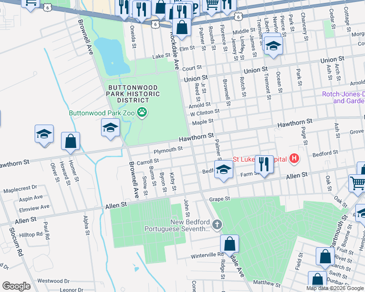 map of restaurants, bars, coffee shops, grocery stores, and more near 366 Hawthorn Street in New Bedford